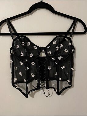 Bodyrage Black Skull Print Corset Bra Top Lingerie Lace Up Mesh Size Large